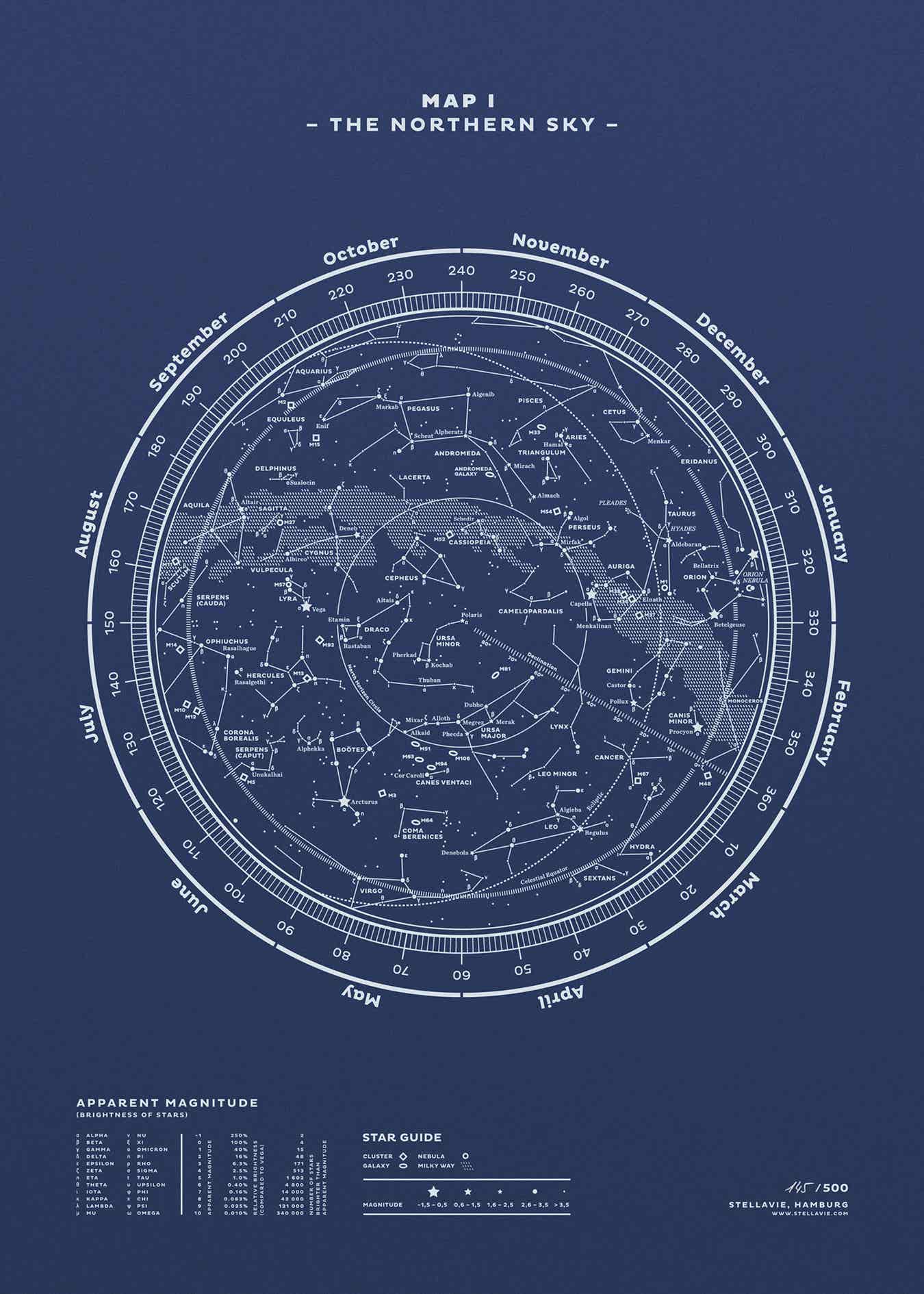 Stellar Map Constellation Prints: Map I — The Northern Sky (Night-Blue)