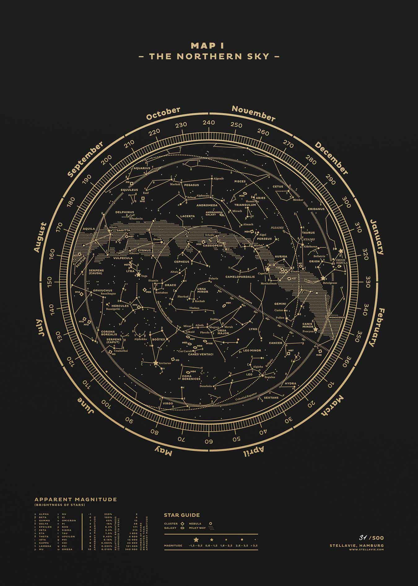 Stellar Map Constellation Prints: Map I — The Northern Sky (Gold/Black)