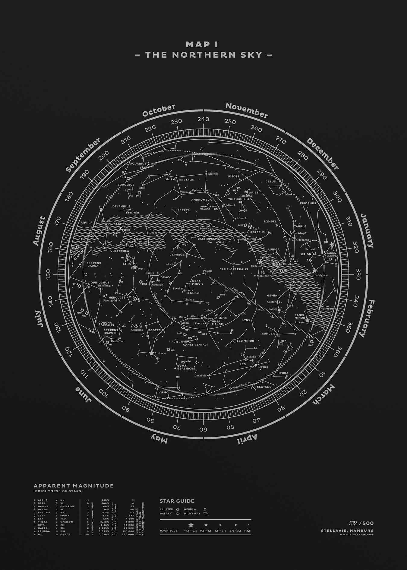 Stellar Map Constellation Prints: Map I — The Northern Sky (Silver/Black)