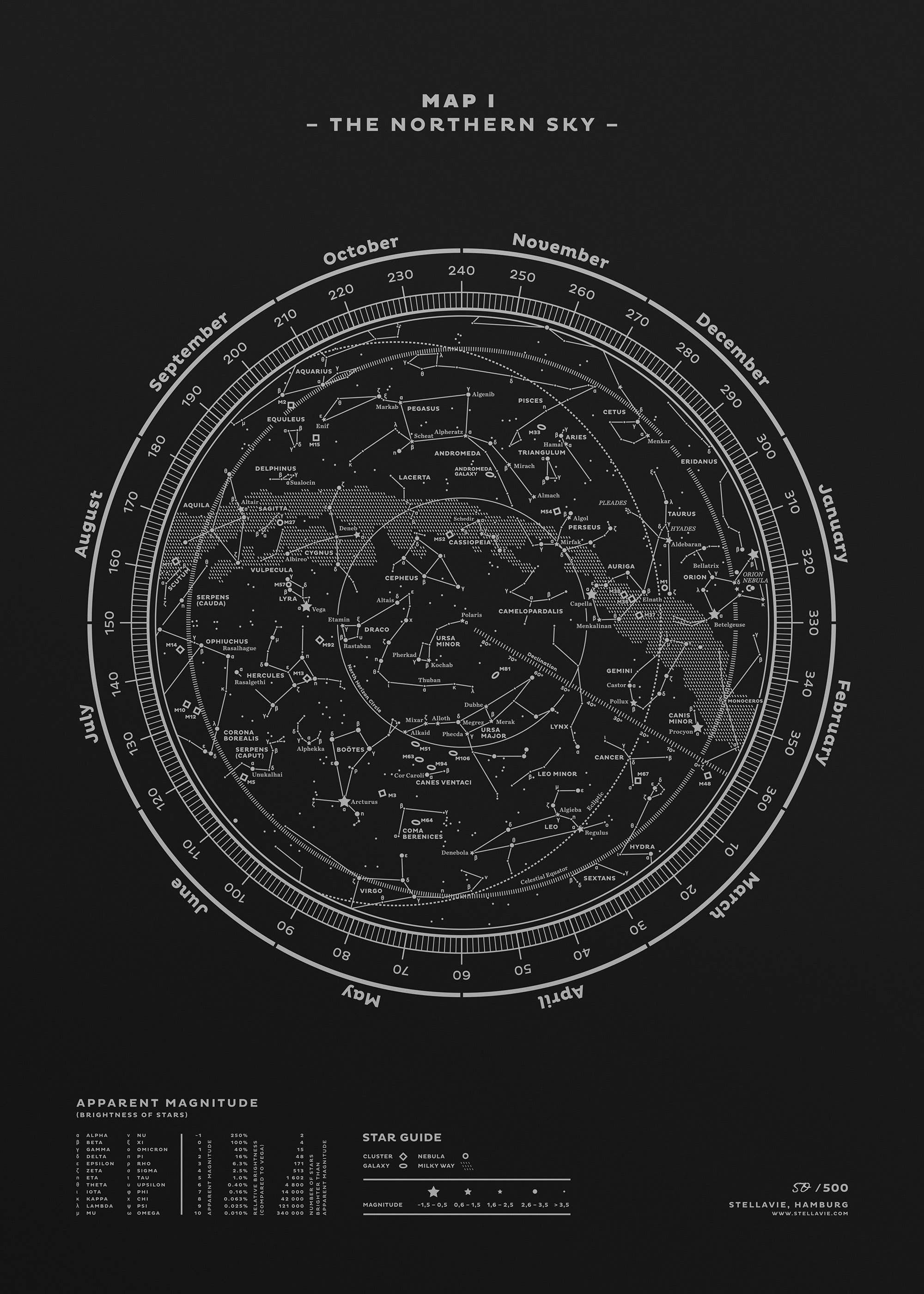Stellar Map Constellation Prints: Map I — The Northern Sky (Silver/Black)
