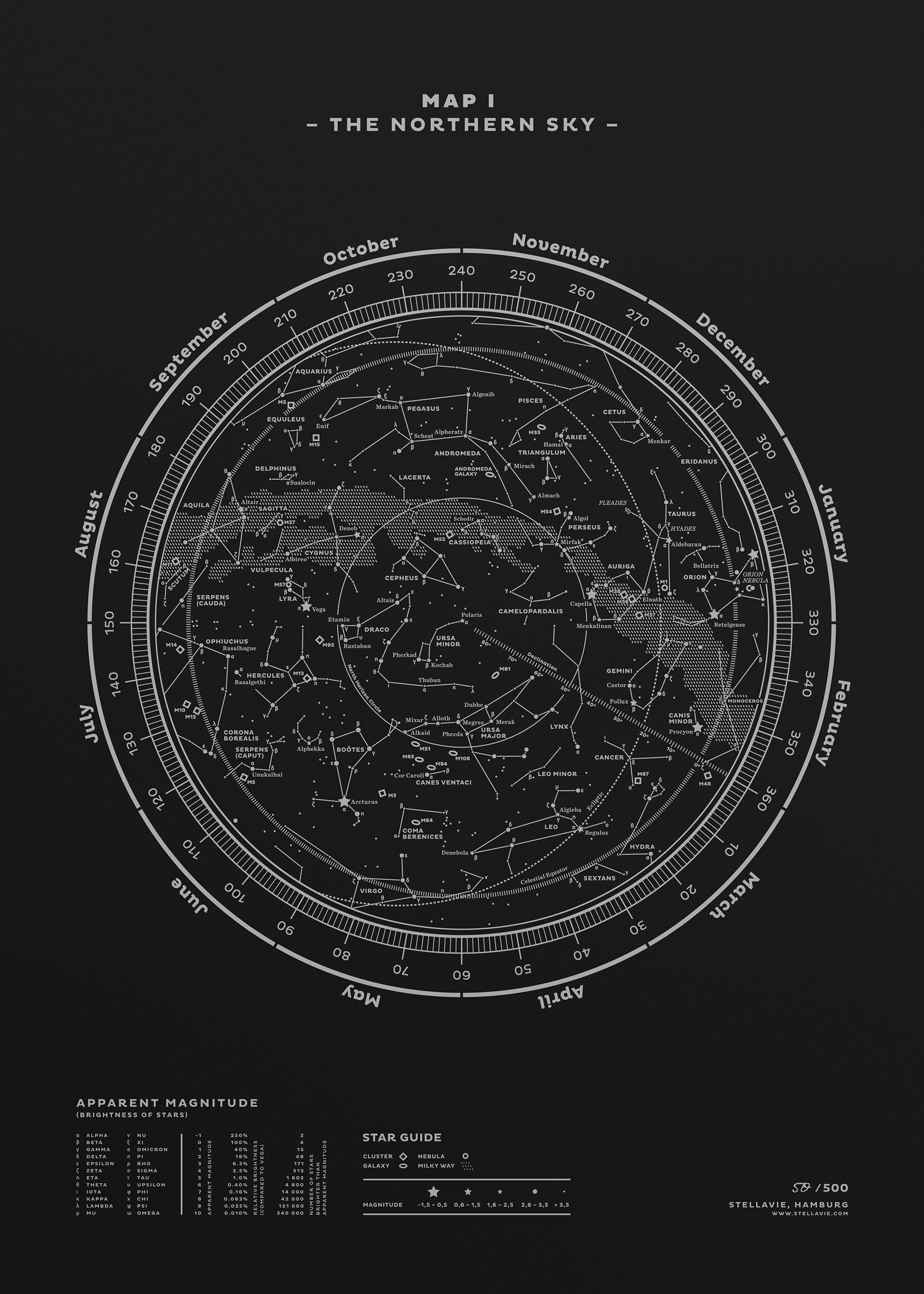 Stellar Map Constellation Prints: Map I — The Northern Sky (Silver/Black)