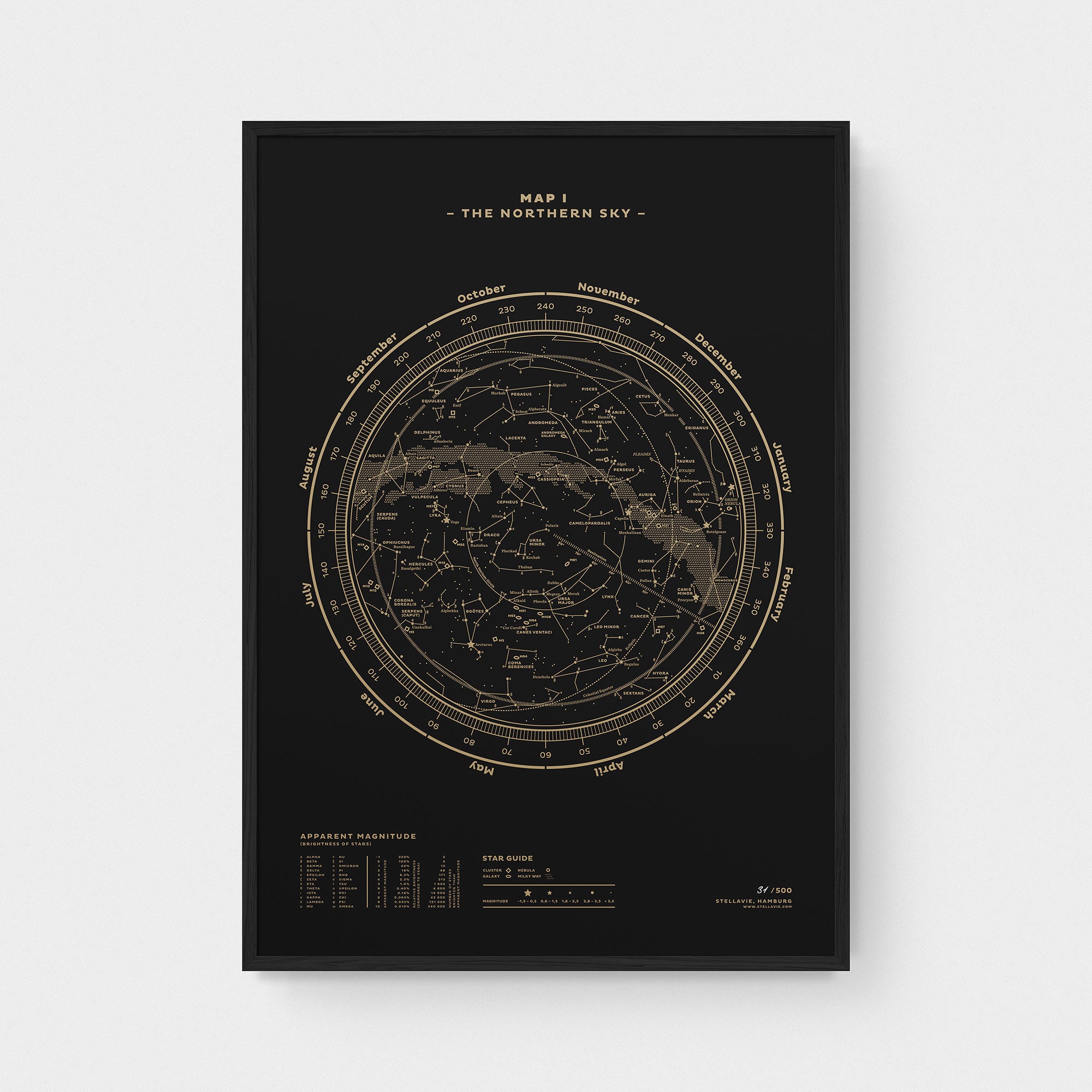 Stellar Map Constellation Prints: Map I — The Northern Sky (Gold/Black)