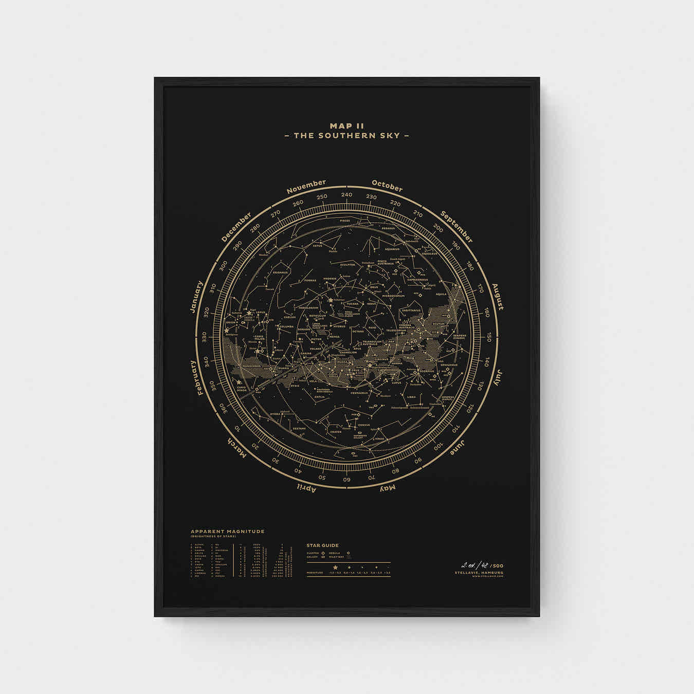 Stellar Map Constellation Prints: Map II — The Southern Sky (Gold/Black)