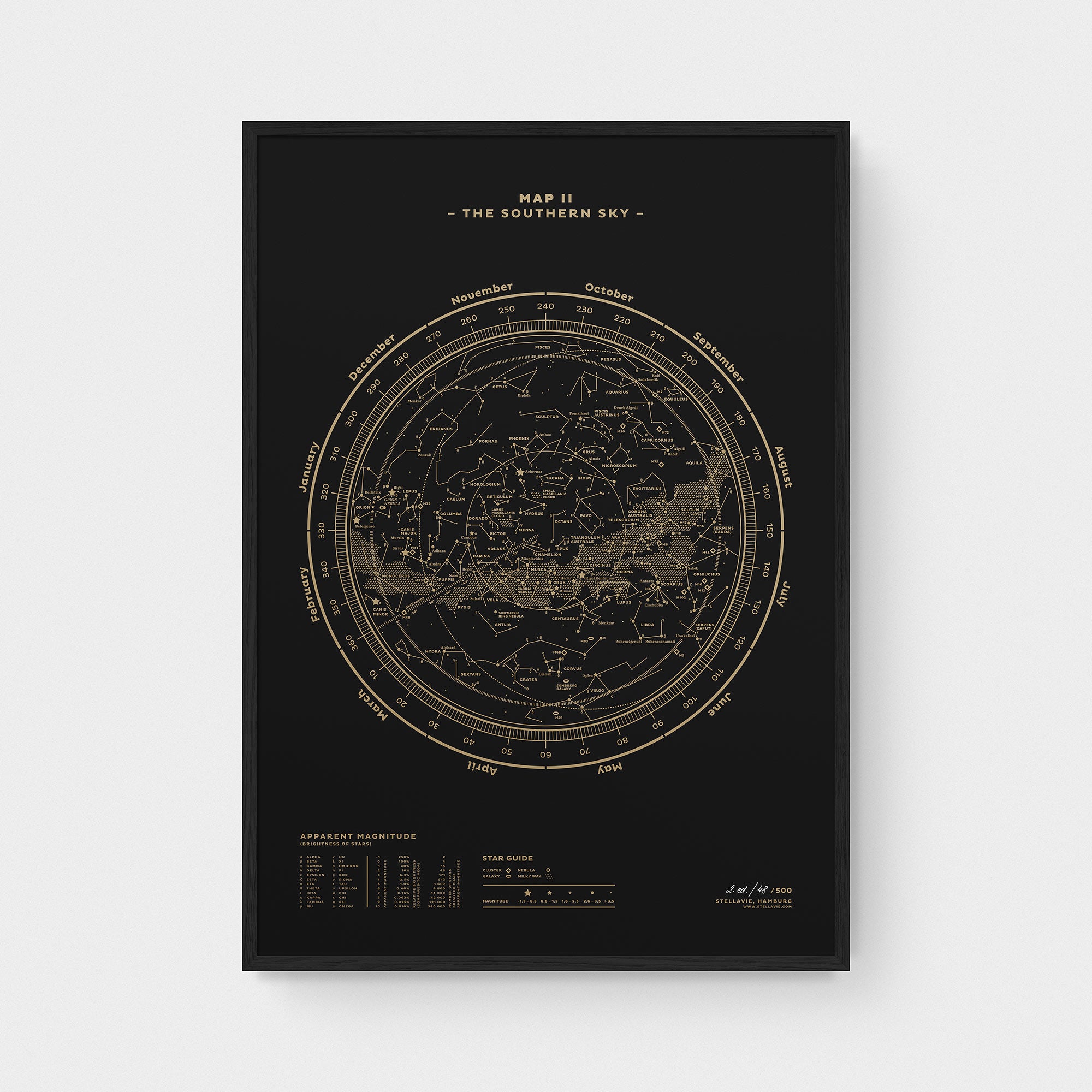 Stellar Map Constellation Prints: Map II — The Southern Sky (Gold/Black)
