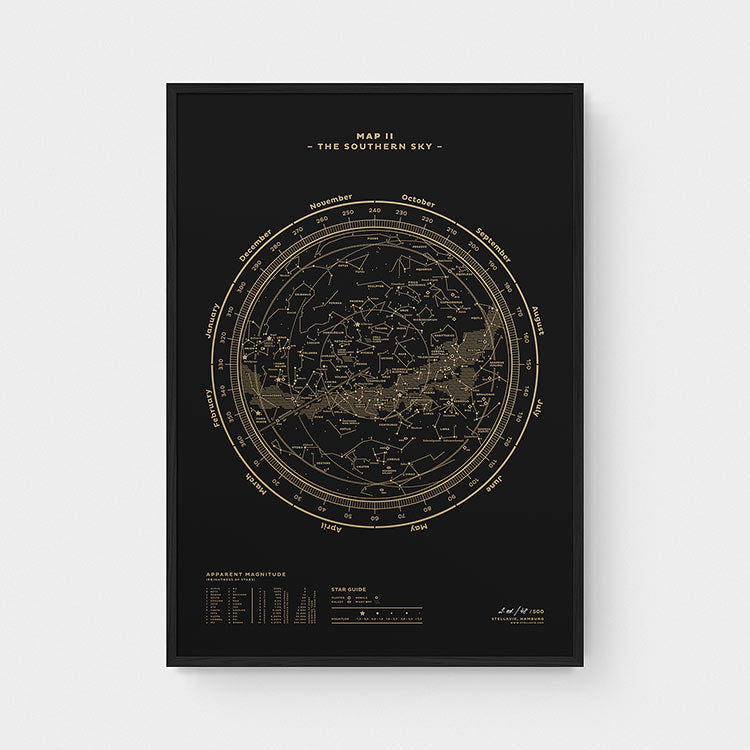 Stellar Map Constellation Prints: Map II — The Southern Sky (Gold/Black)