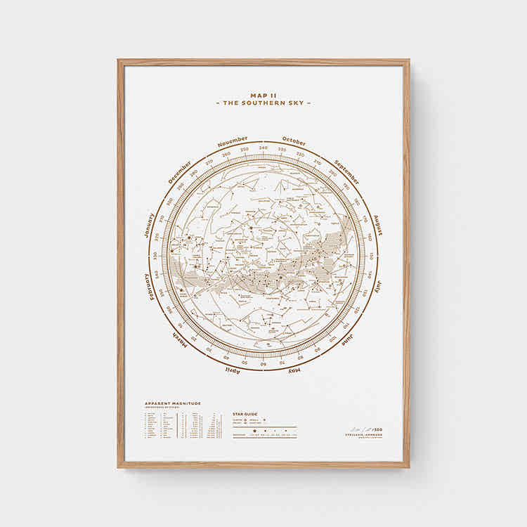 Stellar Map Constellation Prints: Map II — The Southern Sky (Gold/White)