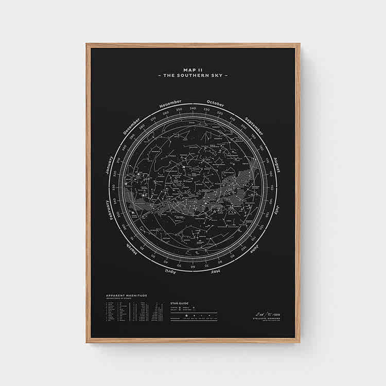 Stellar Map Constellation Prints: Map II — The Southern Sky (Silver/Black)