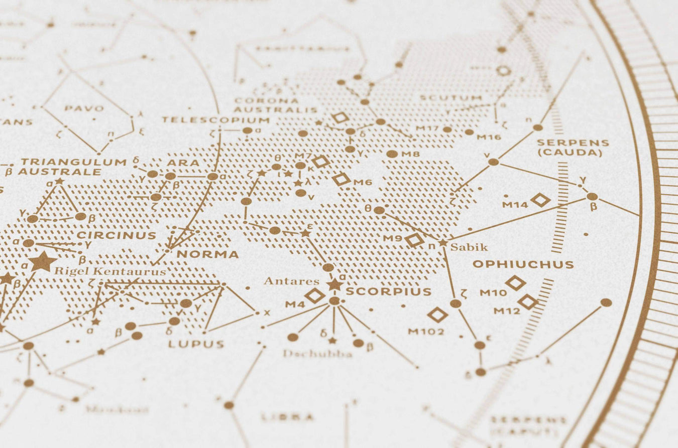 Stellar Map Constellation Prints: Map II — The Southern Sky (Gold/White)